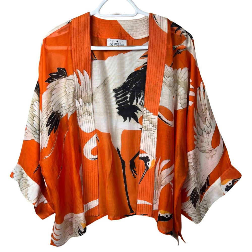 One Hundred Stars Short Kimono Women OS Orange Stork Floral Oriental Japan Boho